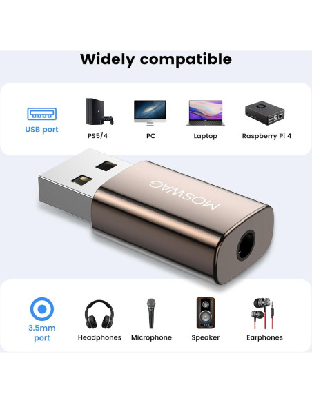 Adaptador de Audio USB a Jack 3.5mm MOSWAG - Compatible PS4, PC