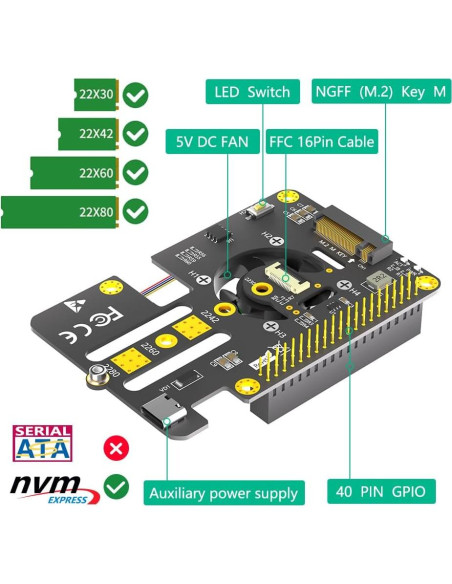 Adaptador M.2 NVMe a PCIe Mustpoint con Ventilador para Raspberry Pi 5