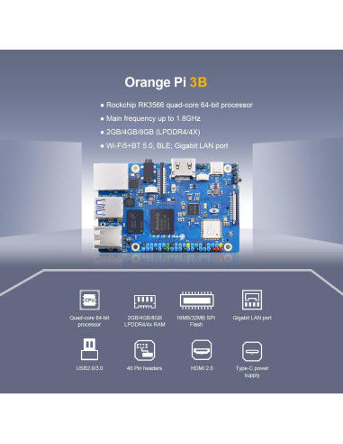 Computadora de Placa Única Orange Pi 3B 2GB Quad-Core