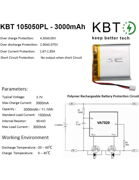 Batería de polímero de litio KBT 3.7V 3000mAh 105050PL