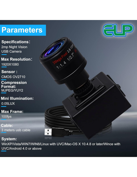 Cámara USB 1080P IEights con Lente Varifocal 2.8-12mm