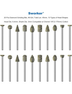 20 Puntas de Amolado de Diamante Sworker 46-grano 3mm 2