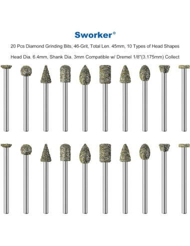 20 Puntas de Amolado de Diamante Sworker 46-grano 3mm