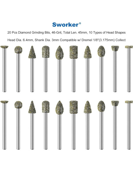 20 Puntas de Amolado de Diamante Sworker 46-grano 3mm