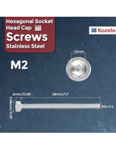 30 Tornillos Hexagonales M2-0.4 x 28mm Acero Inoxidable Kozelo 2