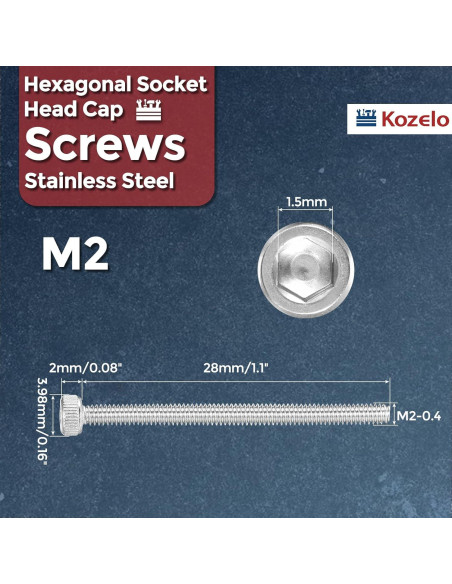 30 Tornillos Hexagonales M2-0.4 x 28mm Acero Inoxidable Kozelo