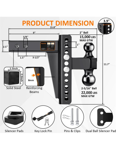Enganche de Remolque Ajustable Koerdo 2.5" 22000 lbs