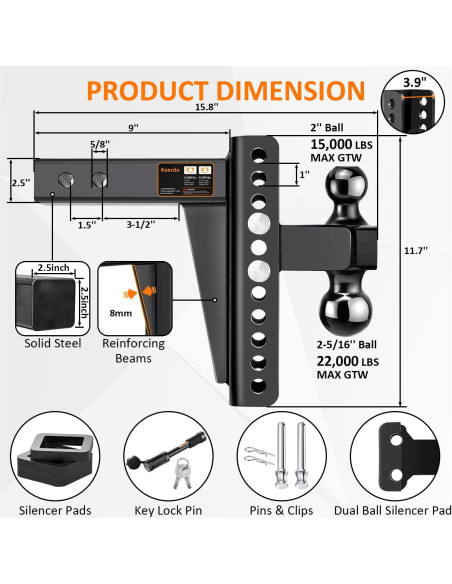 Enganche de Remolque Ajustable Koerdo 2.5" 22000 lbs