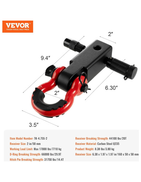Receptor de Enganche VEVOR con Grillete 66000 lbs (29937.5 kg)