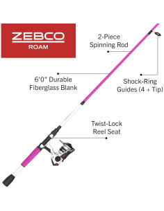 Combo de Pesca Zebco Roam 6' Rosa Carrete 20 y Caña Fibra 2