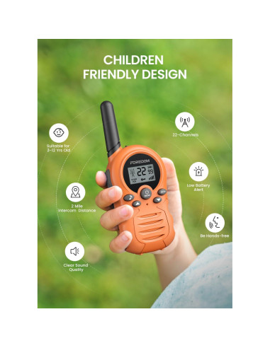 Walkie Talkies para Niños FOREDOM 2 Paquete Naranja 22 Canales