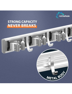 Soporte de Escoba Reliahom Montaje en Pared 5 Soportes 4 Ganchos Plata 2