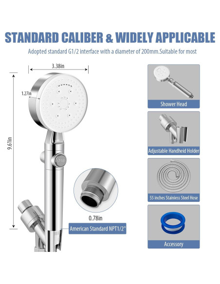 Cabezal de Ducha de Mano Cosuro 8 Modos Alta Presión 139.7 cm