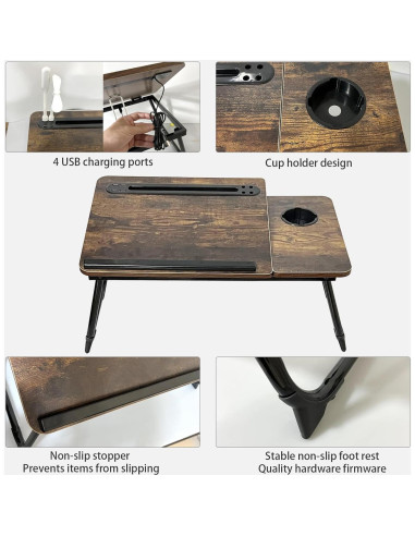Escritorio Plegable para Laptop SIDIANBAN Madera Rústica USB
