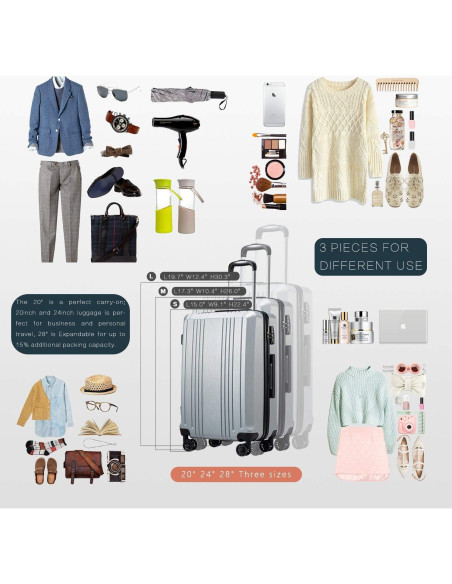 Maleta Coolife rígida 3 piezas con cerradura TSA - 20, 24, 28 in