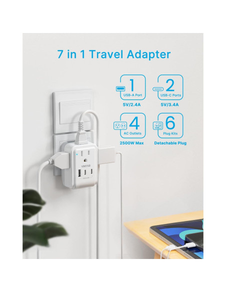 Adaptador de Viaje Universal VINTAR 7 en 1 con 3 USB