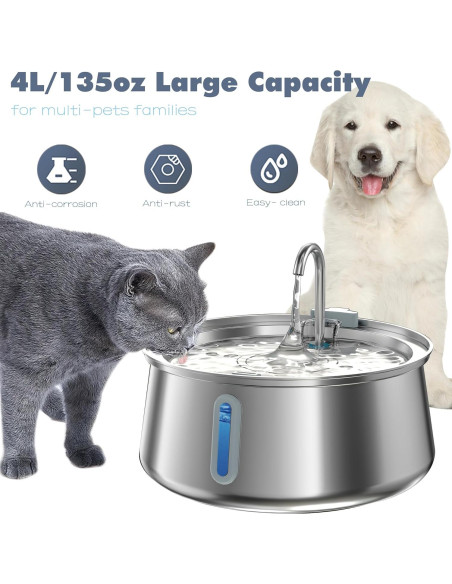 Fuente de Agua para Gatos Homtyler 4L Acero Inoxidable Silenciosa