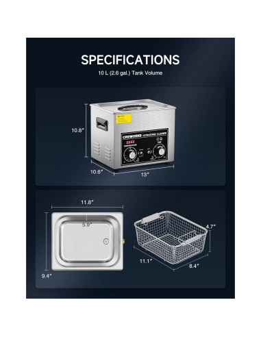 Limpia Ultrasonido CREWORKS 10L con Calentador y Temporizador