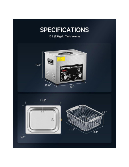 Limpia Ultrasonido CREWORKS 10L con Calentador y Temporizador