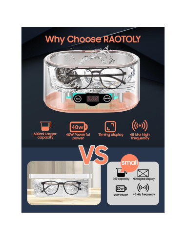 Limpiador ultrasónico RAOTOLY 600ML 45KHz 5 modos limpieza