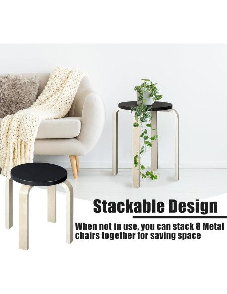 Taburetes de Madera Curvada FairySandy - 4 Pcs Apilables Negros