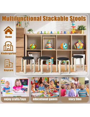 Taburetes de Madera Curvada FairySandy - 4 Pcs Apilables Negros