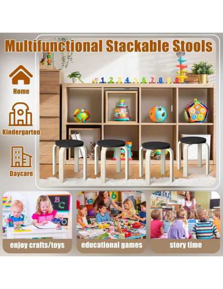 Taburetes de Madera Curvada FairySandy - 4 Pcs Apilables Negros