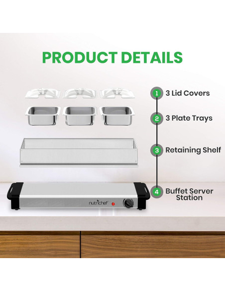 Servidor Buffet Calentador de Comida NutriChef 3 Bandejas 300W