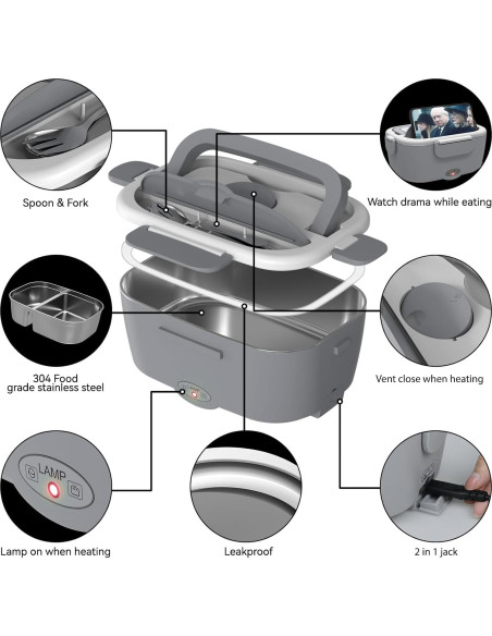 Lonchera Eléctrica Sitlais 80W 1.5L Acero Inoxidable Gris