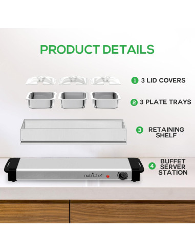 Calentador de Buffet NutriChef Acero Inoxidable 3 Bandejas 3.3L
