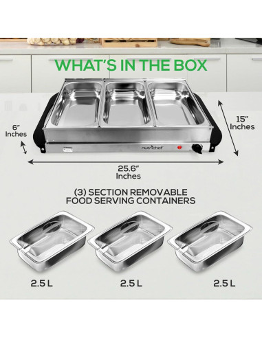 Calentador de Buffet NutriChef Acero Inoxidable 3 Bandejas 3.3L