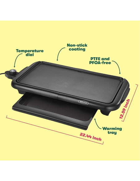 Plancha Eléctrica BELLA 1500W con Bandeja Calentadora 25.4x45.7cm