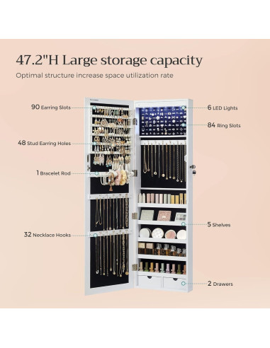 Armario de Joyería SONGMICS con Espejo y 6 LEDs 120 cm Blanco