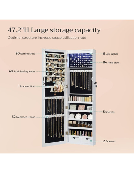 Armario de Joyería SONGMICS con Espejo y 6 LEDs 120 cm Blanco