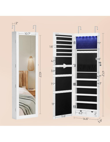 Armario de Joyería SONGMICS con Espejo y 6 LEDs 120 cm Blanco