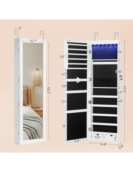 Armario de Joyería SONGMICS con Espejo y 6 LEDs 120 cm Blanco