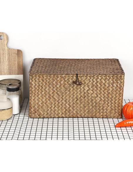 Cesta de Almacenamiento Hipiwe Extra Grande de Hierba Marina con Tapa