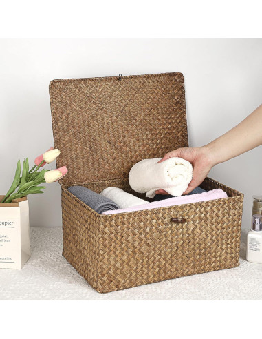 Cesta de Almacenamiento Hipiwe Extra Grande de Hierba Marina con Tapa