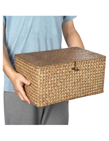 Cesta de Almacenamiento Hipiwe Extra Grande de Hierba Marina con Tapa