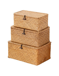 Cestas de almacenamiento de yute Nonam, juego de 3 con tapa