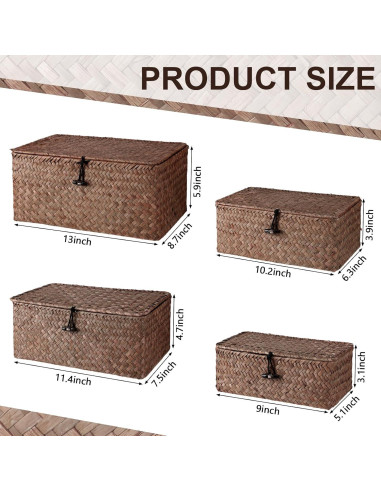 Conjunto de 4 Cestas de Almacenamiento Woanger de Mimbre Café