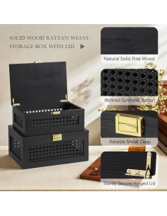 Caja de Almacenamiento Grande VinneGenzz de Madera y Ratán Negro 2