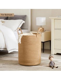 Cesta de Ropa de Yute MOJOSCEND 60L Redonda Plegable 2