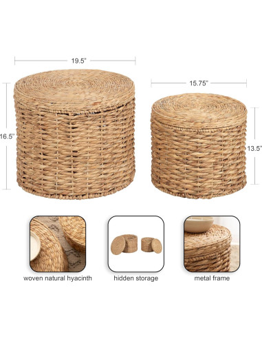 Mesas Laterales Redondas Kate y Laurel Halm - Juego de 2, Ratan Natural