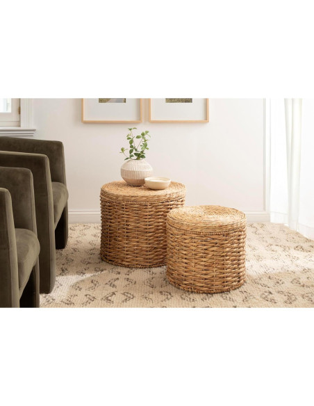 Mesas Laterales Redondas Kate y Laurel Halm - Juego de 2, Ratan Natural