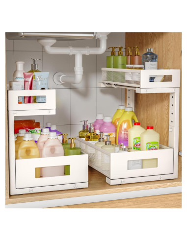 Organizador Bajo Fregadero Biboraya 2 Niveles Ajustable Blanco