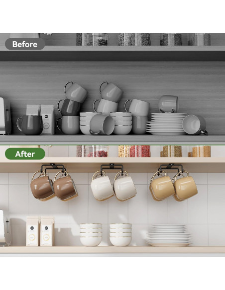 Ganchos para Tazas ECROCY Bajo Gabinete Metal Negro 12 Piezas