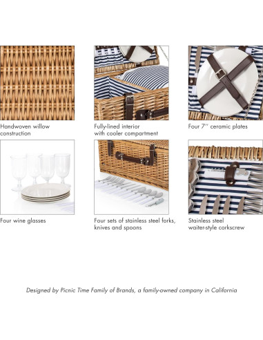 Cesta de Picnic Belmont para 4 Personas - Mimbre con Rayas