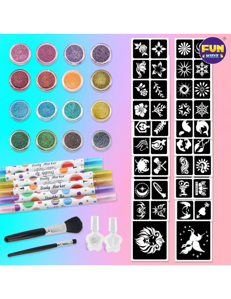 Kit de Tatuajes Temporales FunKidz con 106 Plantillas y Marcadores