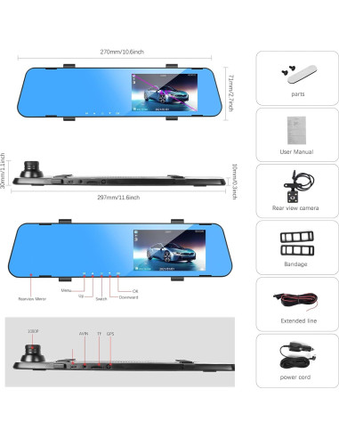 CAMECHO Cámara de Espejo 4.5" Doble Lente 1080P HD Auto